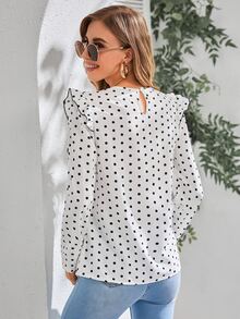 Polka Dot Print Ruffle Trim Blouse - Black and White - View 2