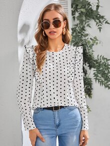 Polka Dot Print Ruffle Trim Blouse - Black and White - View 3