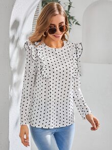 Polka Dot Print Ruffle Trim Blouse - Black and White - View 5