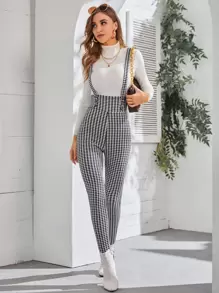 SHEIN Clasi 千鳥格後背十字交叉高腰緊身背帶連身褲 - 黑與白 - 查看 1