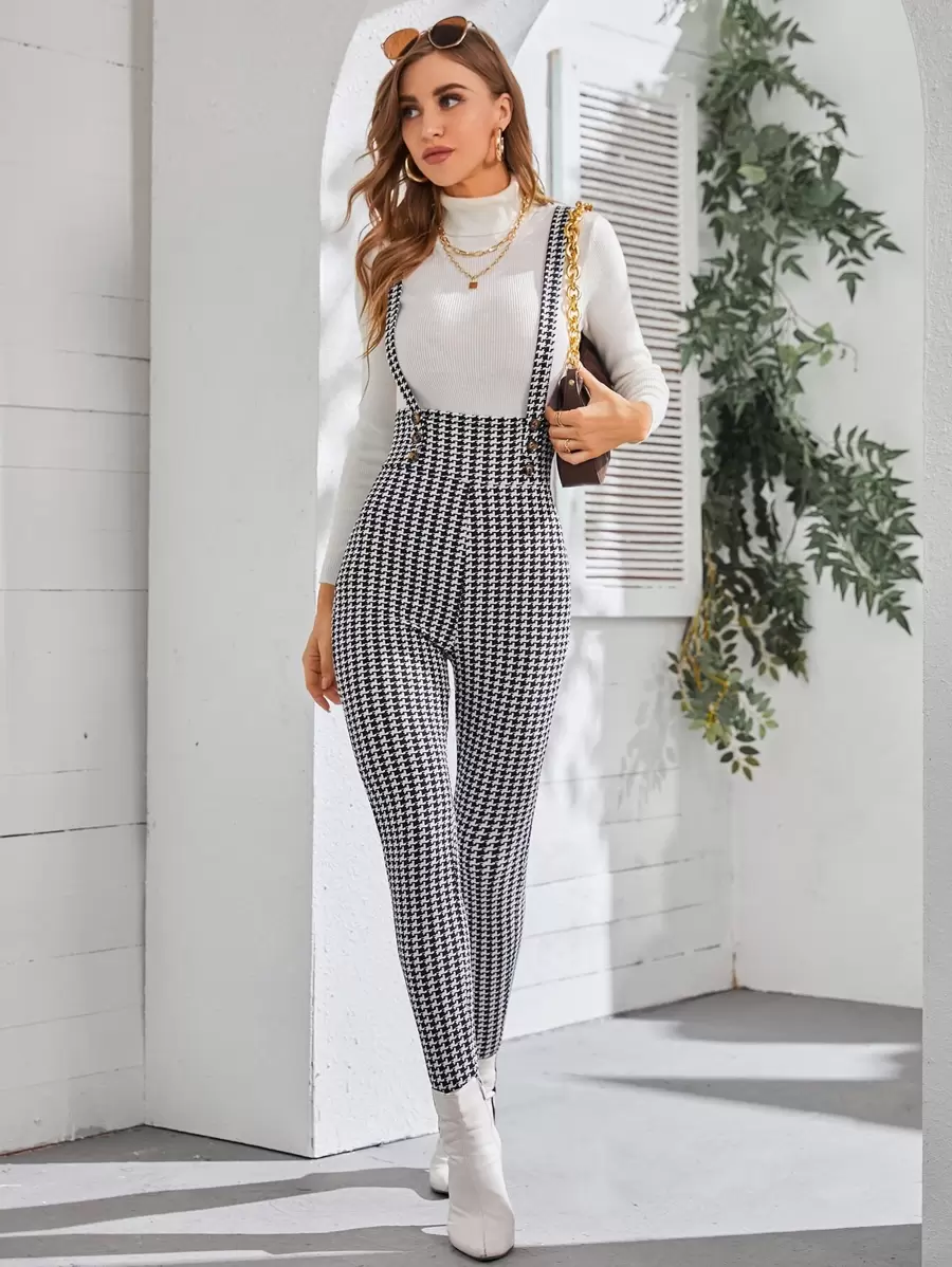 SHEIN Clasi 千鳥格後背十字交叉高腰緊身背帶連身褲 - 黑與白 - 查看 1