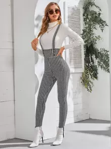 SHEIN Clasi 千鳥格後背十字交叉高腰緊身背帶連身褲 - 黑與白 - 查看 3