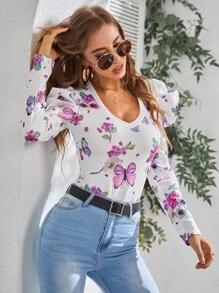 SHEIN Clasi Floral & Butterfly Print Gigot Sleeve Tee - Multicolor - View 1