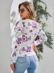 SHEIN Clasi Floral & Butterfly Print Gigot Sleeve Tee - Multicolor - View 2