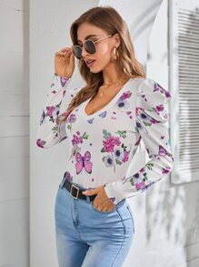 SHEIN Clasi Floral & Butterfly Print Gigot Sleeve Tee - Multicolor - View 3