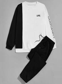 Manfinity Hombres Sudadera de color combinado con estampado de letra con Pantalones deportivos - Blanco y Negro - Ver 1
