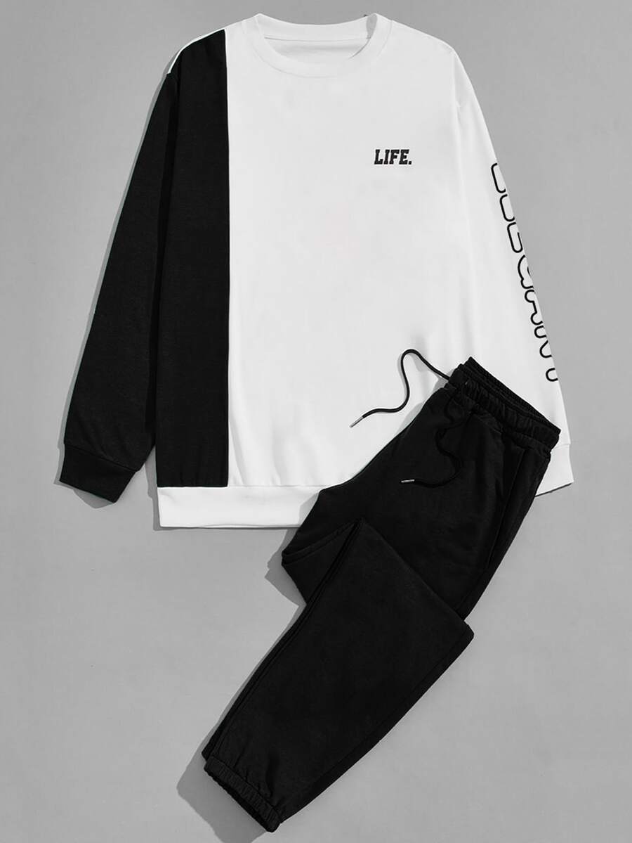 Manfinity Hombres Sudadera de color combinado con estampado de letra con Pantalones deportivos - Blanco y Negro - Ver 1
