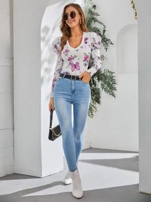 SHEIN Clasi Floral & Butterfly Print Gigot Sleeve Tee - Multicolor - View 5