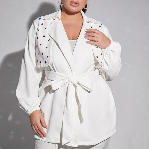 

Plus Rhinestone Lantern Sleeve Belted Coat, White