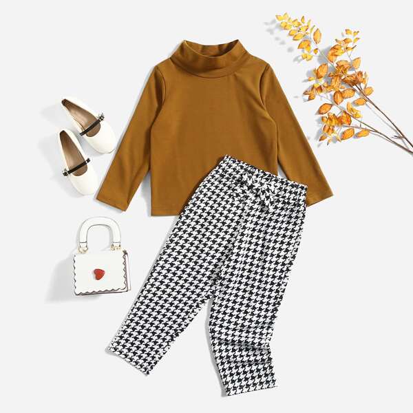 

Toddler Girls Mock Neck Tee & Houndstooth Bow Front Pants, Multicolor