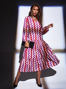 Vestido con estampado de cheurón de manga farol bajo con fruncido - Multicolor - Ver 1