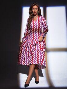 Vestido con estampado de cheurón de manga farol bajo con fruncido - Multicolor - Ver 3