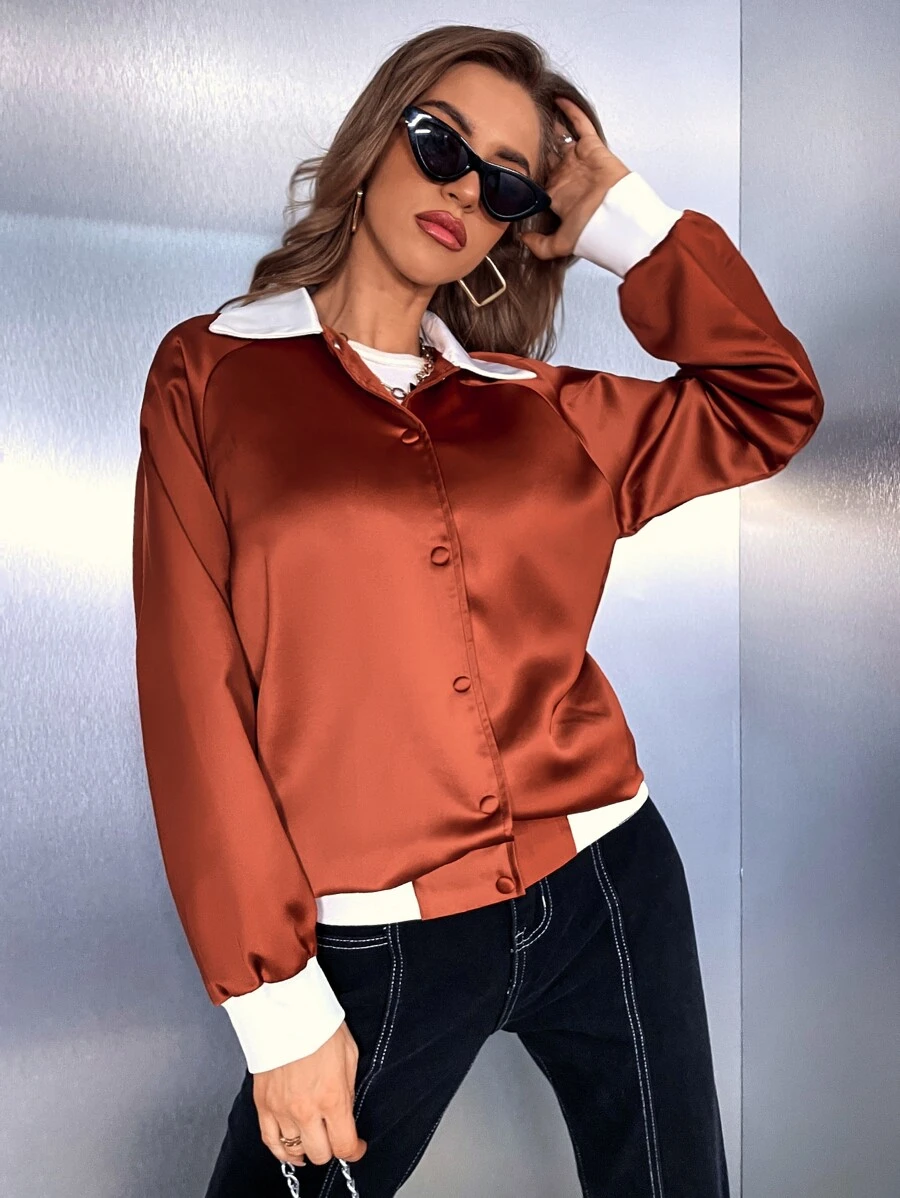 SHEIN Unity 拼接領單排釦插肩袖緞面夾克 - 鏽棕色 - 查看 1