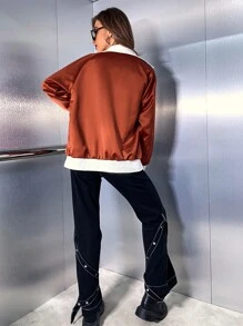 SHEIN Unity 拼接領單排釦插肩袖緞面夾克 - 鏽棕色 - 查看 2