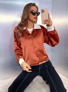 SHEIN Unity 拼接領單排釦插肩袖緞面夾克 - 鏽棕色 - 查看 3