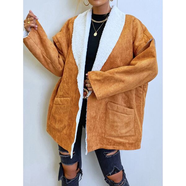 

Double Pocket Drop Shoulder Shawl Collar Teddy Lined Suede Coat, Ginger