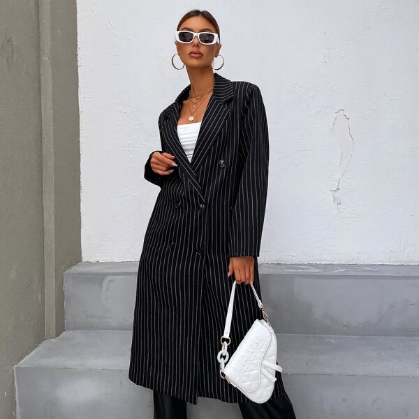 

Striped Print Double Breasted Trench Coat, Black