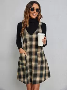 SHEIN LUNE Plaid Patched Pocket Pinafore Dress - Multicolor - View 1