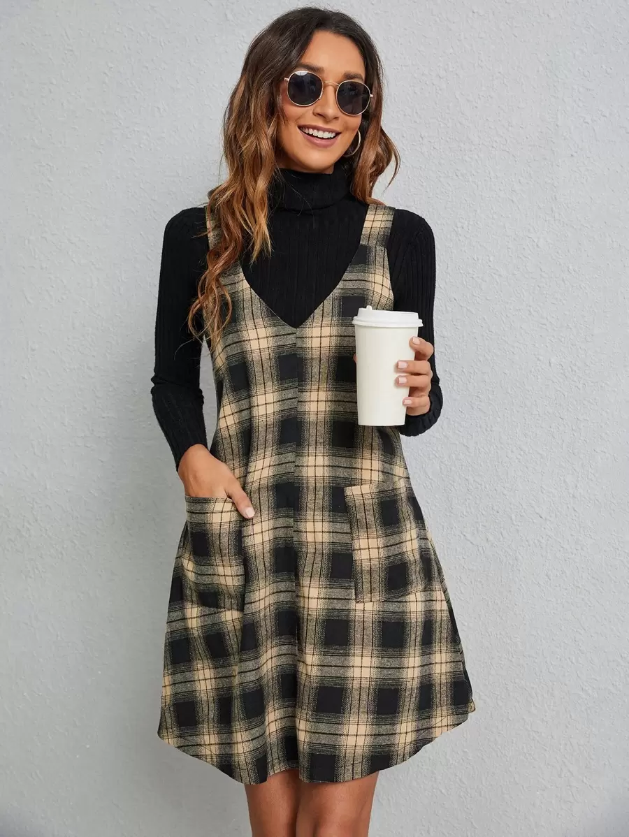 SHEIN LUNE Plaid Patched Pocket Pinafore Dress - Multicolor - View 1