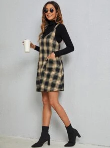 SHEIN LUNE Plaid Patched Pocket Pinafore Dress - Multicolor - View 3