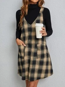 SHEIN LUNE Plaid Patched Pocket Pinafore Dress - Multicolor - View 4