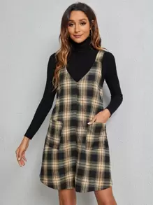SHEIN LUNE Plaid Patched Pocket Pinafore Dress - Multicolor - View 5