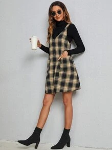 SHEIN LUNE Plaid Patched Pocket Pinafore Dress - Multicolor - View 6