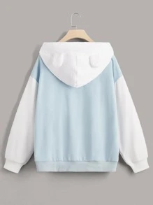 Muchica Drawstring Detail Cartoon & Letter Graphic Hoodie - Baby Blue - View 2