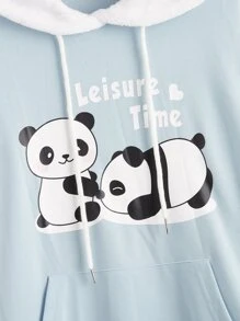 Muchica Drawstring Detail Cartoon & Letter Graphic Hoodie - Baby Blue - View 4