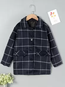 Girls Plaid Flap Detail Overcoat - Navy Blue - View 1