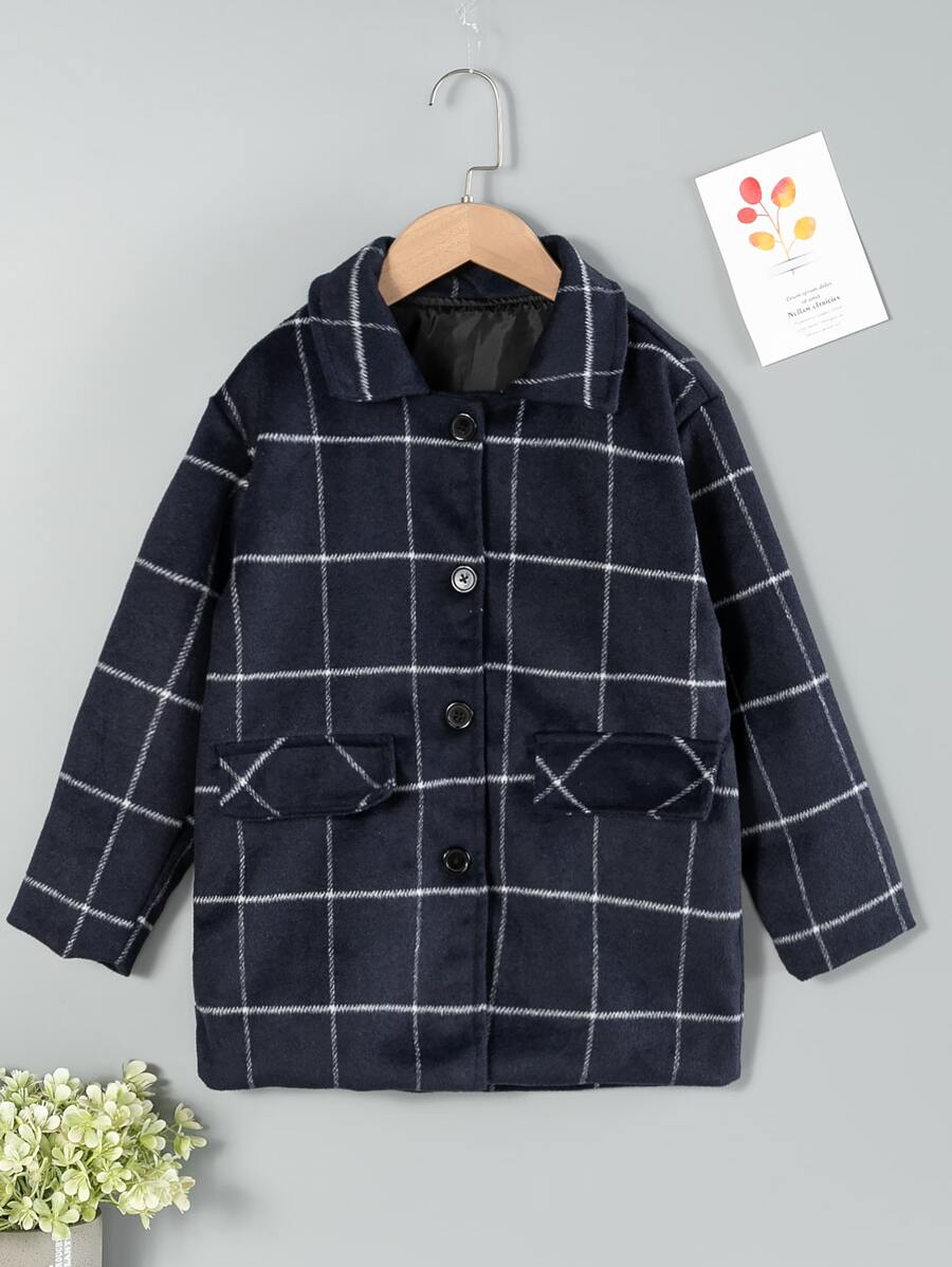 Girls Plaid Flap Detail Overcoat - Navy Blue - View 1
