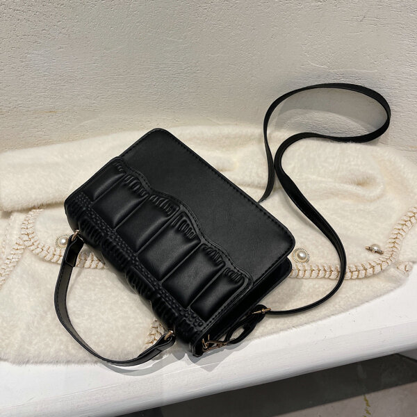 

Minimalist Plaid Flap Square Bag, Black