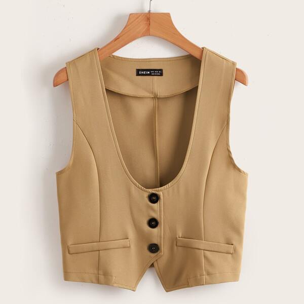 

Solid Button Through Blazer Vest, Khaki