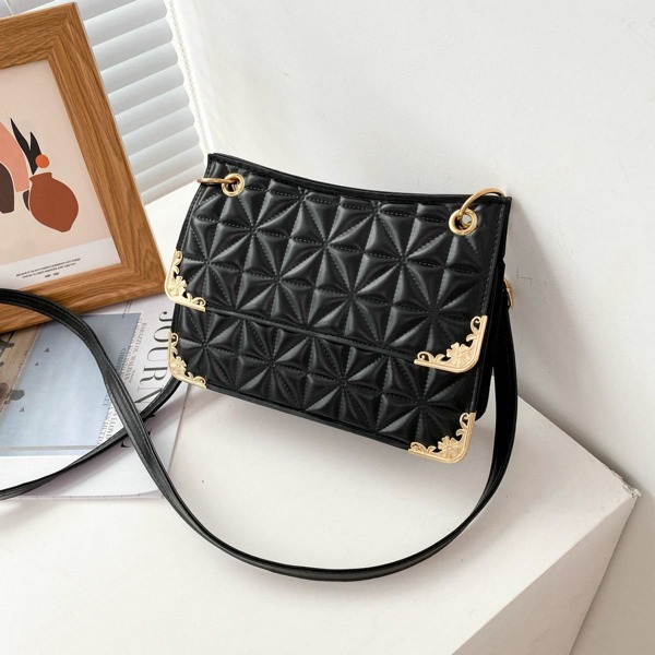 

Solid Quilted Flap Crossbody Bag, Black