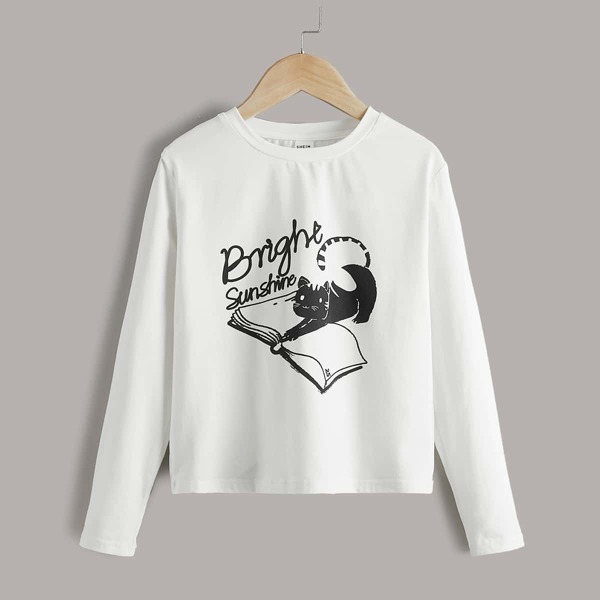 

Girls Letter & Cat Print Tee, White