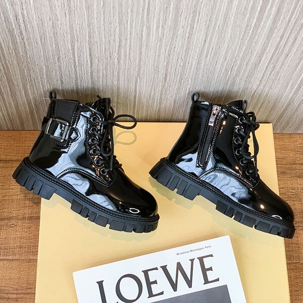 

Girls Buckle Decor Lace-up Combat Boots, Black