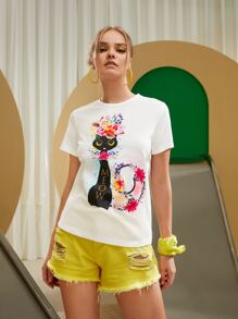Nora Gad Cat And Floral Paint Tee - White - View 5