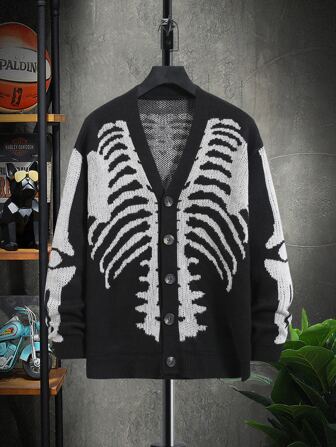 Manfinity Hypemode Herenskeletpatroon met knoopsluiting, verlaagde schouder, dikke grafische schedel, kleurblok, stedelijke mode, Halloweentrui, streetwear, vest, voor echtgenoot, cadeaus voor vriend, skeletvest, gothic vest, herenvest, zwart-wit vest, skelettrui, voor herfst/winter, top met lange mouwen