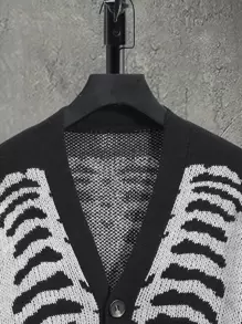 Manfinity EMRG Men Skeleton Pattern Button Through Cardigan Drop Shoulder Chunky Graphic Skull Color Block Urban Fashion Halloween Sweater Street Wear Cardigan, For Husband, Boyfriend Gifts