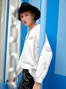 Khaitect Drop Shoulder Letter & Graphic Pattern Tee - White - View 1