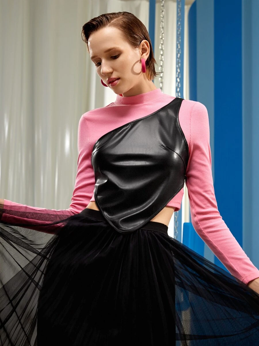 ENOVAE Colour Block Grommet Lace Up Asymmetrical Hem 2 In 1 Top - Multicolor - View 1