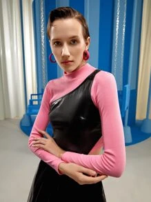 ENOVAE Colour Block Grommet Lace Up Asymmetrical Hem 2 In 1 Top - Multicolor - View 3