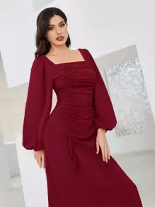 Modelyn فستان بياقة مربعة وأكمام فانوس مع رباط أمامي، باللون الأحمر البوردو - عنابي اللون - مشاهدة 1
