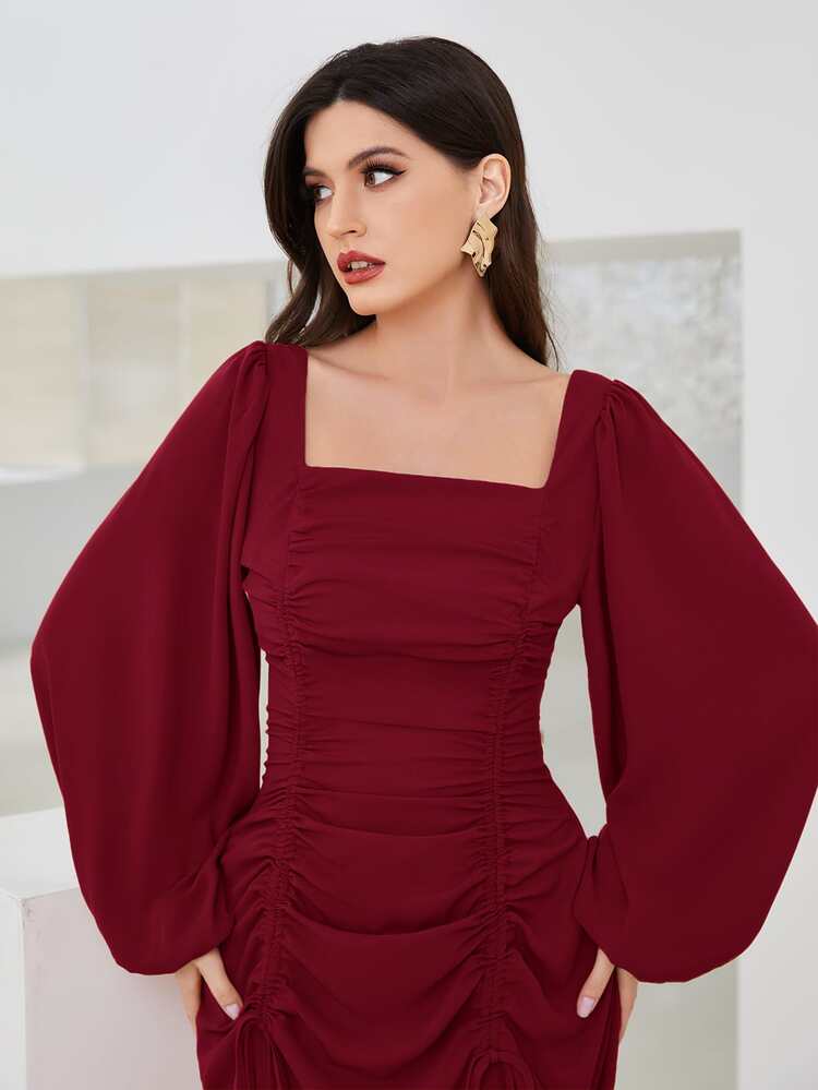 Modelyn Đầm xòe tay đèn lồng cổ vuông màu đỏ tía có dây rút phía trước - Màu Đỏ Sâu - Xem 3