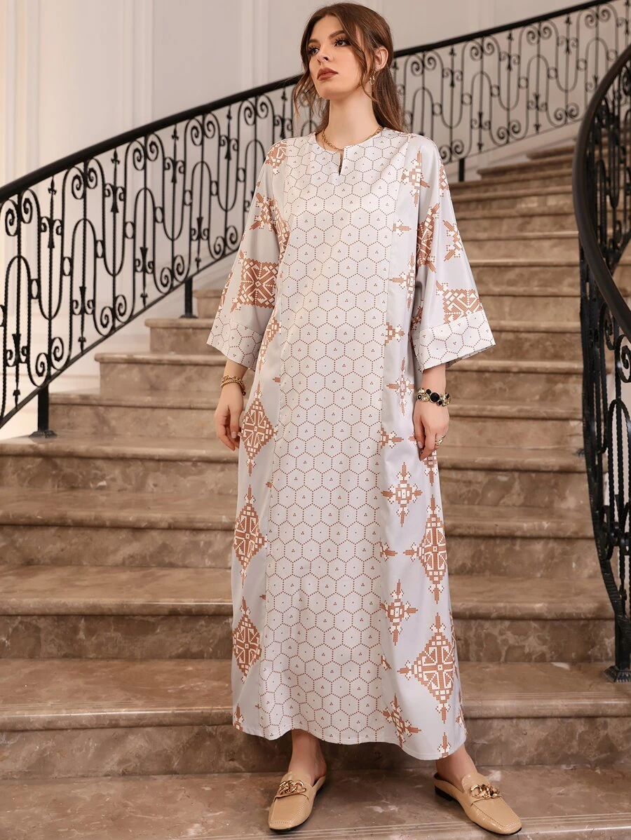 Al Najma Geo Print Notched Neck Batwing Sleeve Kaftan Without Belt - Multicolor - View 1