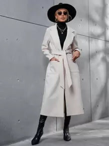 Dual Pocket Lapel Neck Belted Overcoat - Beige - View 1