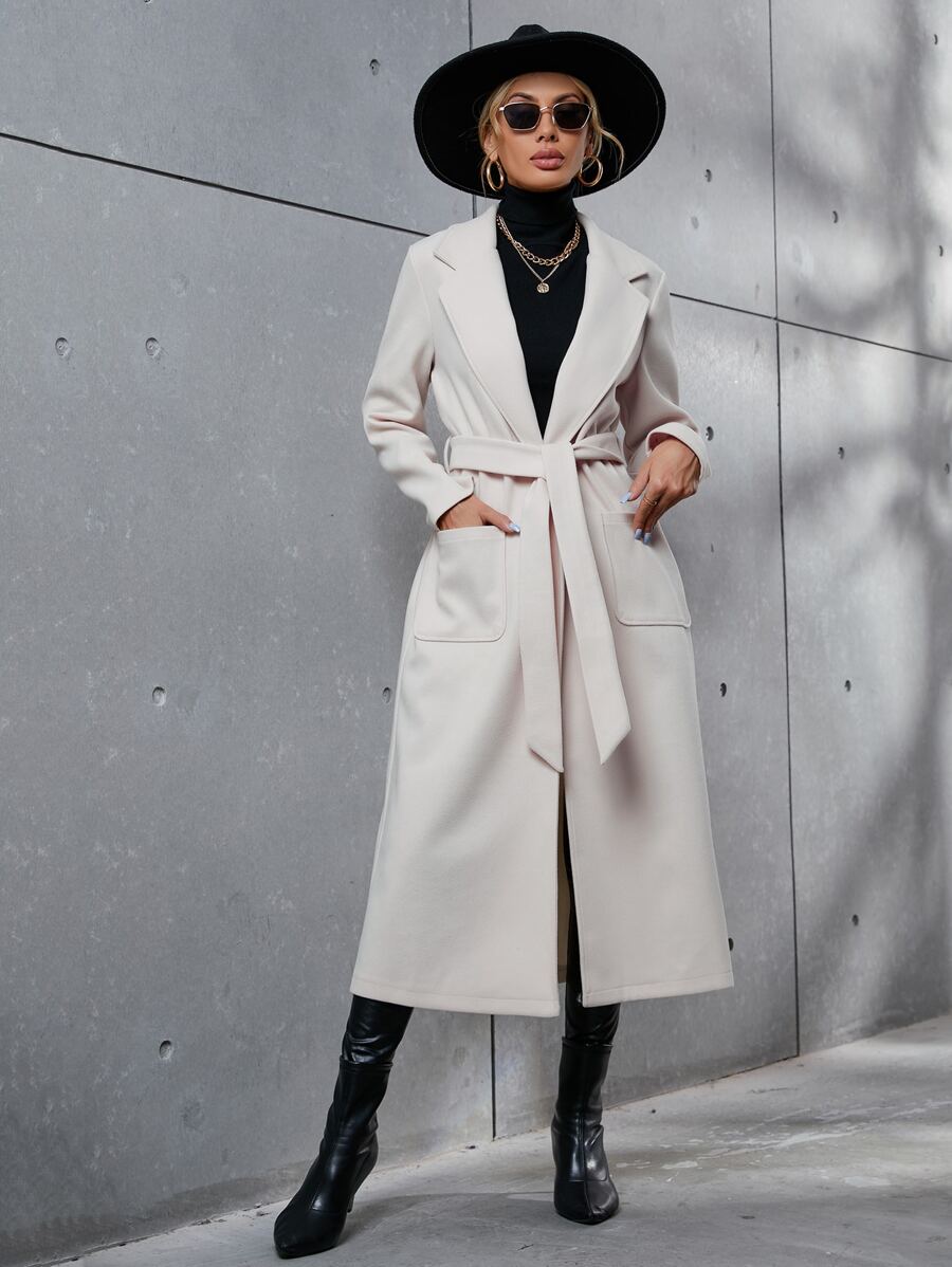 Dual Pocket Lapel Neck Belted Overcoat - Beige - View 1