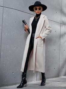 Dual Pocket Lapel Neck Belted Overcoat - Beige - View 3