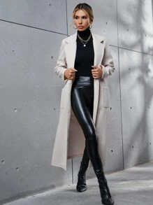 Dual Pocket Lapel Neck Belted Overcoat - Beige - View 4