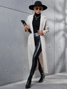 Dual Pocket Lapel Neck Belted Overcoat - Beige - View 5